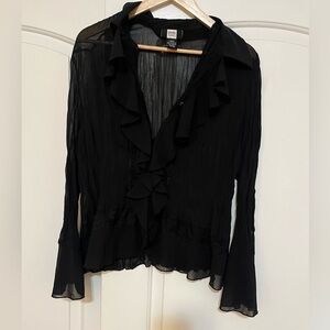 Vintage 90s ruffle chiffon blouse with bell sleeves & lace detail